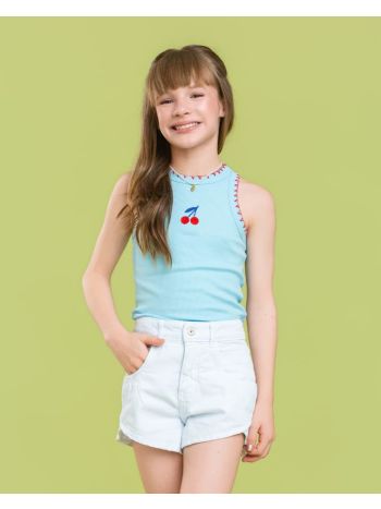 Blusa Regata Mamá Bordado Cereja - Azul / Vermelho