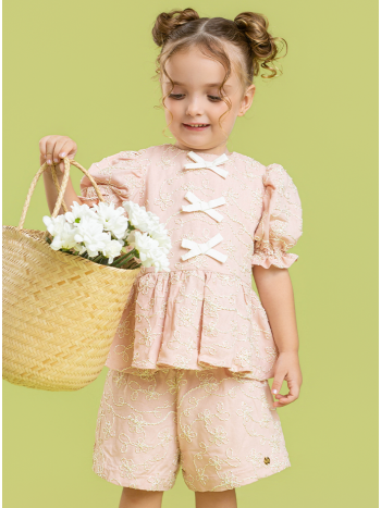 Conjunto Alicia Bordado Rosa/ Off White - Bossa do Mar