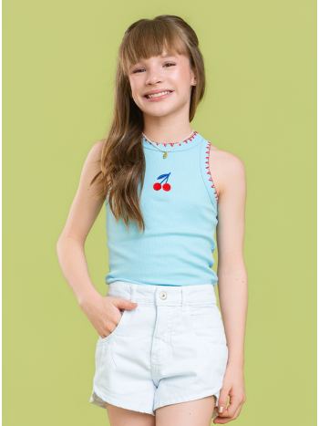 Blusa Regata Mamá Bordado Cereja - Azul / Vermelho